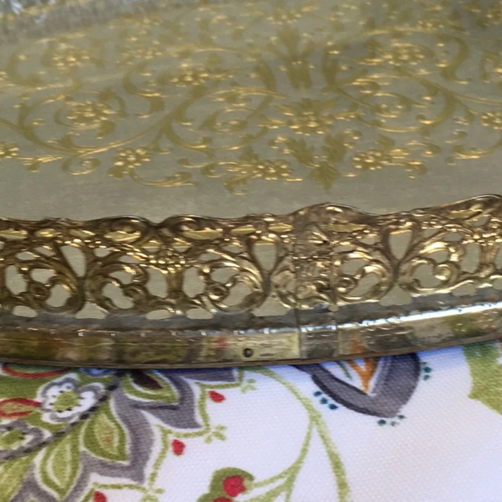 Vintage and hard to find gold vanity filigree etched mirrored tray